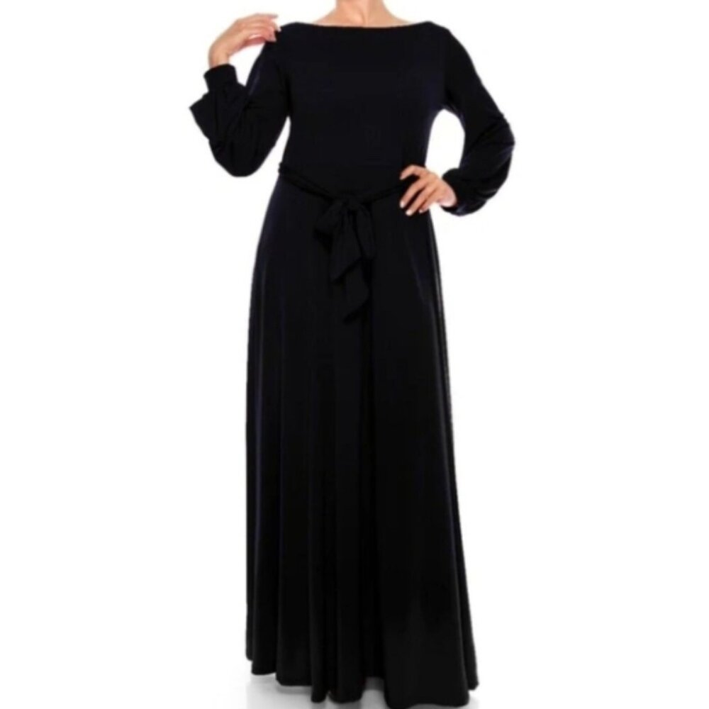 Janette Fashion Black Boat Neck Bell Long Sleeve Modest Maxi Plus Size Dress